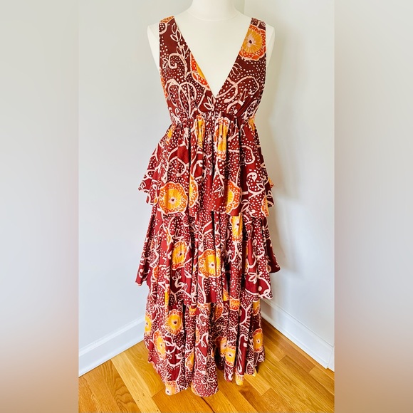 Anthropologie Atsu V-Neck Brown and Gold Ruffled Maxi Dress - Picture 5 of 10